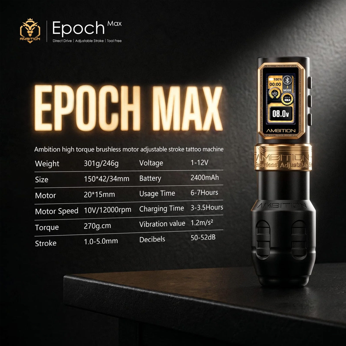 Ambition Epoch Max bezprzewodowa maszynka do tatuażu pen regulowany skok 1.0-5.0 mm