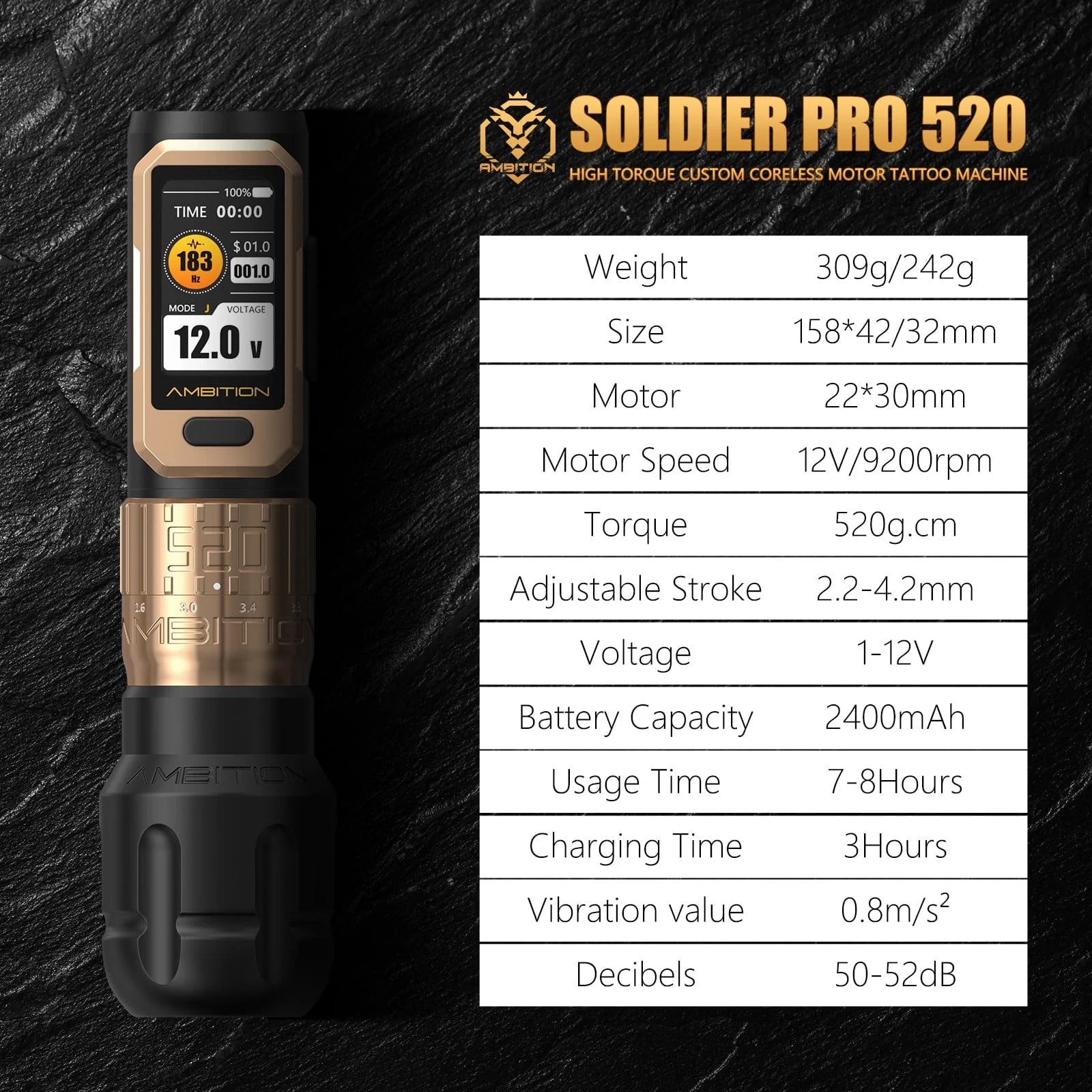 Ambition Soldier Pro 520 bezprzewodowa maszynka do tatuażu pen regulowany skok 2.2-4.2 mm