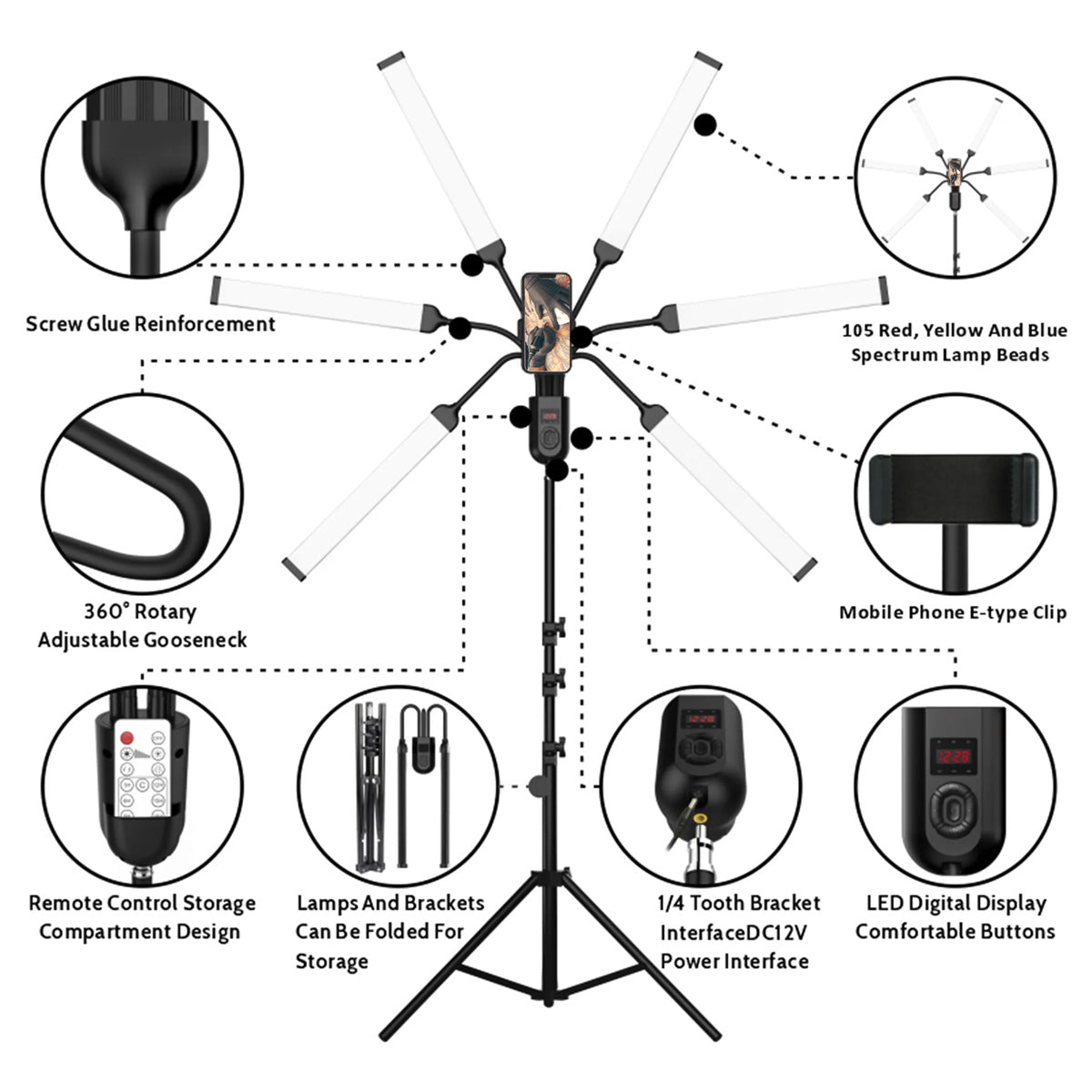 Lampa LED do tatuażu na statywie z 6 ramionami